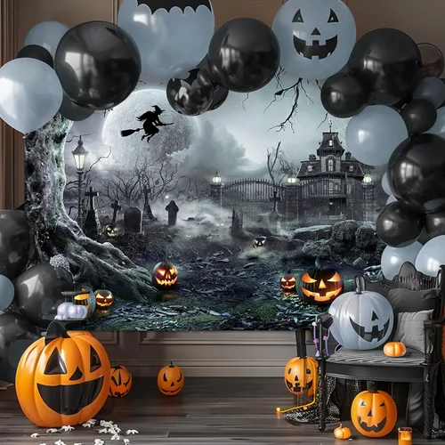 Miniatura 3 de Avezano Telón de fondo para fotografía de Halloween, luna llena, noche aterradora, castillo, calabazas, fondo de fiesta, espeluznante, bruja, Gris