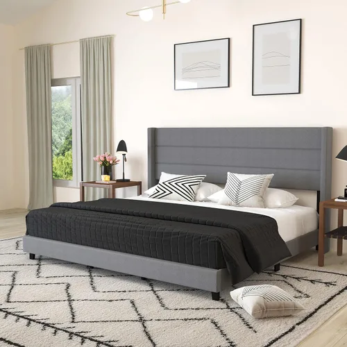 Miniatura 13 de Merrick Lane Percy - Cama de plataforma moderna, lino sintético beige, tamaño Queen, cabecero acolchado con respaldo con alas cosidas de canal