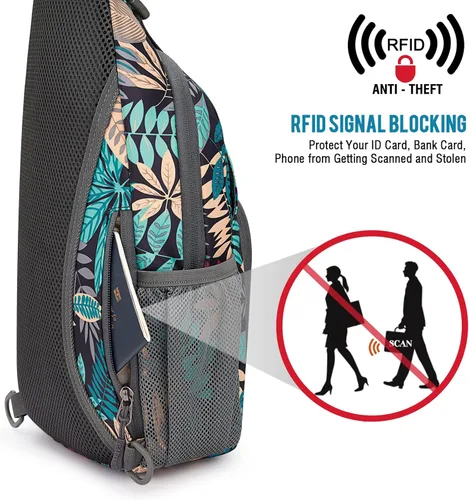Miniatura 6 de G4Free Bolso bandolera RFID, mochila cruzada para el pecho, bolso de hombro para senderismo al aire libre Hoja Azul