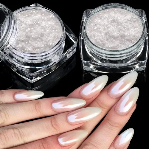 2 cajas de polvo de uñas de cromo perla blanca – Polvo de pigmento cromado transparente transparente brillante para uñas, uñas inspiradas efecto