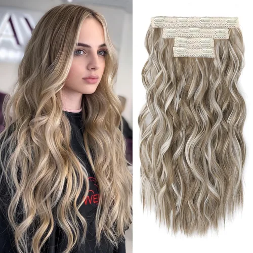 Miniatura 11 de REECHO Extensiones de cabello con pinza, 4 piezas de extensiones de cabello rubio de 24" de largo, ondas de playa gruesas, HE003, trama de encaje