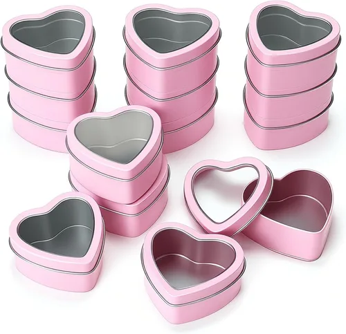Goodma - Paquete de 14 latas de metal en forma de corazón de 2 onzas con ventana transparente, color rosa | Vacío, Para la fabricación de velas,