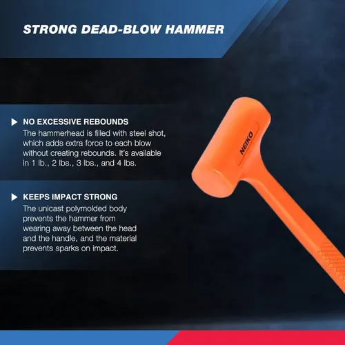 Miniatura 2 de NEIKO 02849A - Martillo de soplado muerto de 4 libras, naranja neón Moldeado unibody Agarre a cuadros Resistente a chispas y rebote