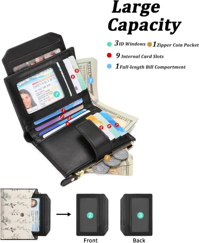 Miniatura 2 de GAEKEAO Carteras pequeñas para mujer, con bloqueo RFID, de cuero vegano, plegable, floral, compacto, tarjetero con bolsillo con cremallera, ventana