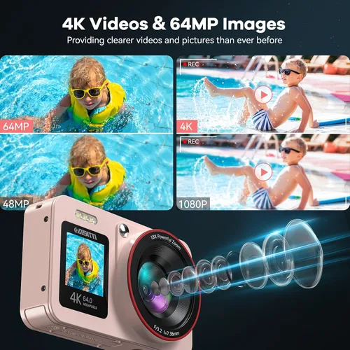Miniatura 3 de Cámara digital FHD 4K con pantalla dual de 64 GB, tarjeta SD de 64 GB, 2 baterías, zoom 18X, cámara recargable portátil antivibración para niños