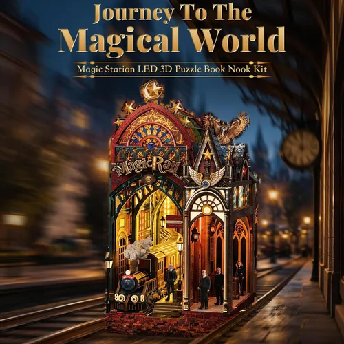 Miniatura 3 de Rompecabezas de madera 3D, kit de rincón de libro, estación de tren mágico con luces LED y música, kits de rompecabezas de madera en miniatura