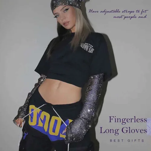 Miniatura 5 de Yikisdy Guantes sin dedos de diamantes de imitación guantes de red elásticos guantes de codo guantes de fiesta Rave brillantes para mujeres y niñas