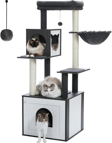 Miniatura 12 de PETEPELA Árbol para gatos de 56.7 pulgadas con caja de arena, torre grande de madera para gatos de interior con armario de almacenamiento y acogedor