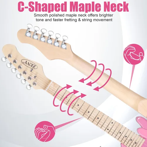 Miniatura 5 de ZENY Guitarra eléctrica para niños de 30 pulgadas con amplificador de 5 W, bolsa de concierto, correa, cable, cuerdas y púas, kit de accesorios Rosa