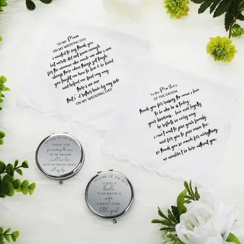Miniatura 5 de Paquete de 6 regalos para madre de la novia, el juego de regalos para madre del novio, incluye 2 hojas, bolsa de cosméticos, 2 espejos