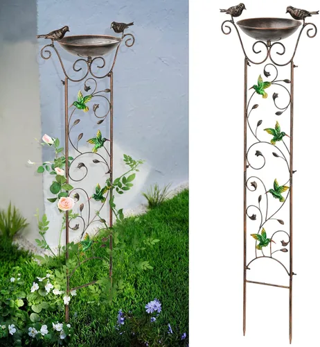 Miniatura 7 de SUNNYPARK Baño para pájaros con enrejado al aire libre, enrejado de hierro antiguo para jardín con mariposas decorativas, cuenco desmontable