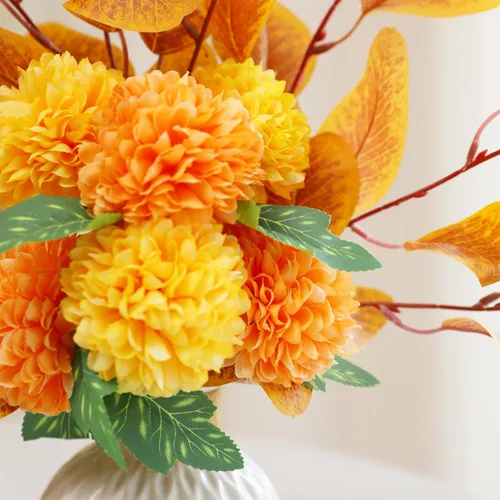 Miniatura 3 de Hananona Ramo de flores artificiales de crisantemo, crisantemos naranja con tallos de eucalipto, ramo de otoño naranja falso para centros de mesa