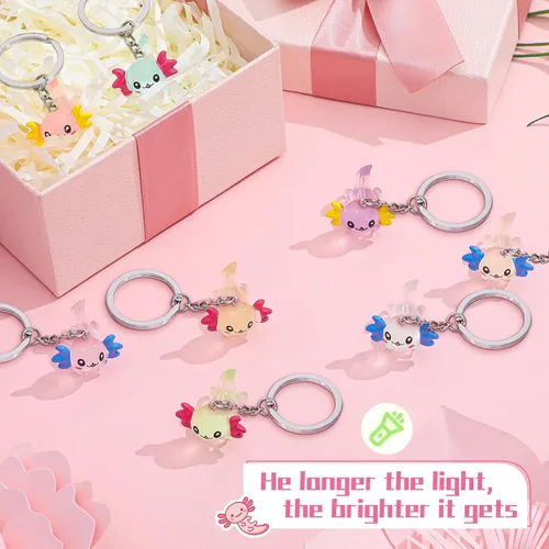 Miniatura 4 de Henoyso 12 llaveros luminosos de ajolote que brillan en la oscuridad 3D de dibujos animados de ajolote para fiesta de cumpleaños, accesorios