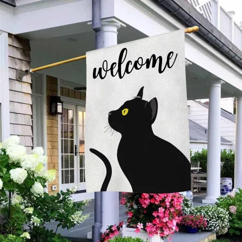 Miniatura 3 de AOYEGO Bandera vertical de bienvenida para casa de gato, arpillera de doble cara, gato negro con ojos amarillos, decoración de temporada al aire