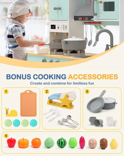 Miniatura 4 de Babytronic Juego de cocina de madera, cocina de simulación con luces y sonidos para niños de 3 años en adelante, incluye estufa, horno, microondas