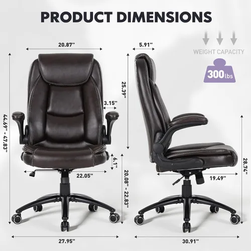 Miniatura 3 de MALOL Juego de 2 sillas de oficina de 300 libras con reposabrazos abatibles y respaldo reclinable, silla de escritorio ejecutiva ergonómica de piel