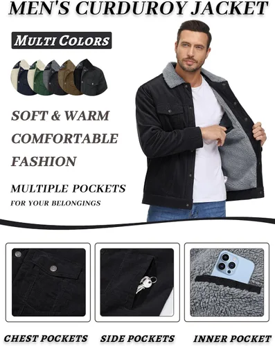 Miniatura 7 de KEFITEVD Chaqueta de pana para hombre, con forro polar, abrigo de invierno cálido y grueso para trabajo casual