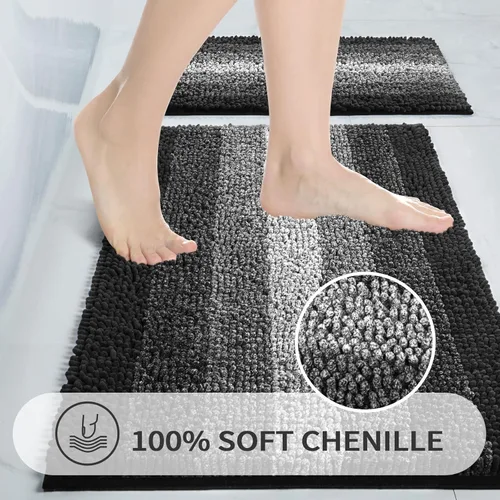Miniatura 2 de Gibelle Alfombras de baño negras, alfombra de baño de chenilla de lujo, alfombra pequeña antideslizante para ducha y alfombras de piso para baño