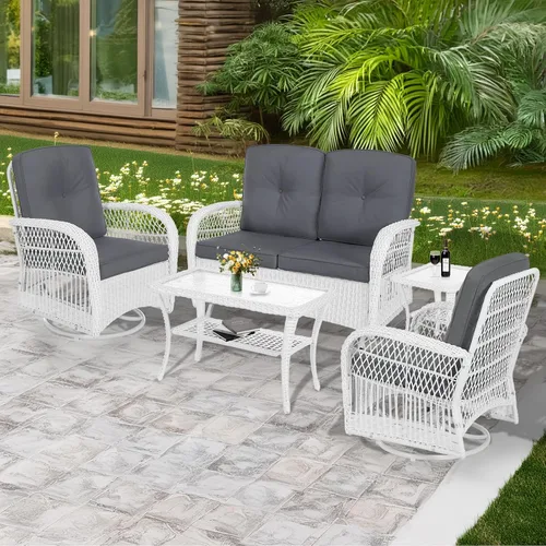 Miniatura 11 de MEETWARM Juego de 3 piezas de mimbre giratorio para patio al aire libre, mecedoras, juegos de muebles de patio de ratán con cojín grueso y mesa
