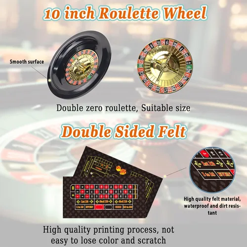 Miniatura 3 de WodGod Juego de Ruleta y Craps con Fieltro Grande de Doble Cara, Rueda de Ruleta de 10 Pulgadas, Rastrillo para Fichas, 200 Fichas, Marcador