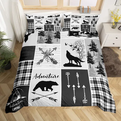 Miniatura 40 de Juego de funda de edredón para niños de ciervo, oso, lobo, tamaño individual, juego de ropa de cama de cabaña de aventura para niños, niñas