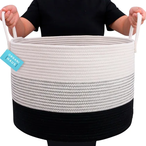 Miniatura 9 de OrganiHaus Cesta de almacenamiento grande tejida para mantas y juguetes, 20 x 13 pulgadas, cesta de cuerda para la ropa sucia con asas, cojines