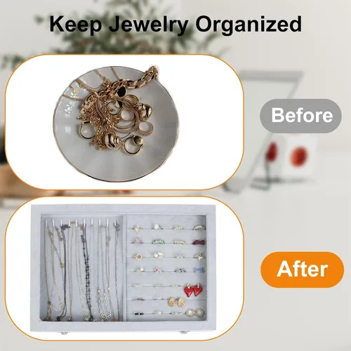 Miniatura 7 de Togous Organizador de anillos de collar de terciopelo con tapa transparente, soporte para collar 2 en 1 y vitrina de anillo, bandeja organizadora