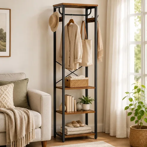 Miniatura 5 de Perchero con Barra para Colgar, Estante para Ropa con 3 Estantes de Madera y 4 Ganchos, Árbol de Pasillo Independiente, Organizador de Perchero