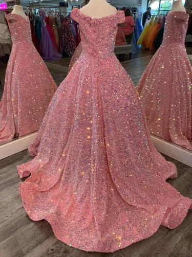 Miniatura 2 de Vestidos de lentejuelas con hombros descubiertos para boda, vestidos brillantes para concursos, vestido de baile, vestido de princesa para niños