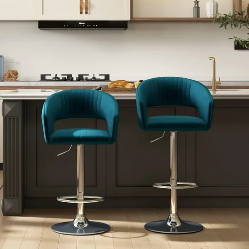 Miniatura 12 de Hyfirm Juego de 2 modernas sillas de bar de cocina con base cromada dorada, taburetes de bar giratorios ajustables con respaldo y reposapiés