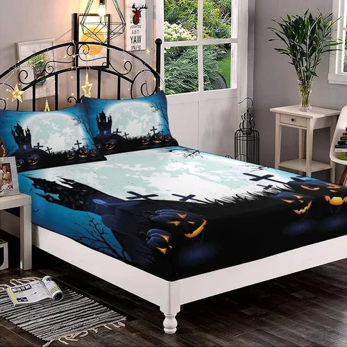 Miniatura 25 de Juego de sábanas bajeras decorativas tamaño Queen, sábanas bajeras de Halloween con bolsillos profundos y 2 fundas de almohada (sin sábana plana)