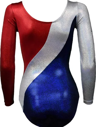 Miniatura 6 de Look-It Activewear Leotardo de gimnasia de manga larga con brillo rojo, blanco y azul para niñas y mujeres