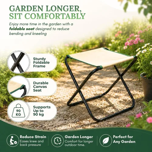 Miniatura 6 de GardenHOME Juego de herramientas de jardinería de 7 piezas, herramientas de acero inoxidable con asas de madera, taburete plegable y bolsa de lona