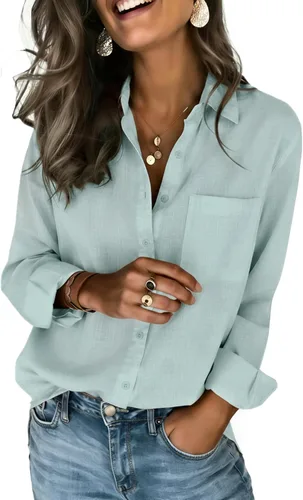 Miniatura 14 de Zeagoo - Blusas de lino con botones para mujer, de gasa, algodón, manga larga, blusas informales con cuello, corte holgado