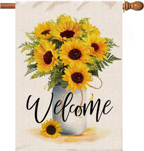 Hexagram Bandera de verano para casa, bandera de jardín de bienvenida de girasol de 28 x 40 pulgadas, banderas de arpillera de temporada al aire