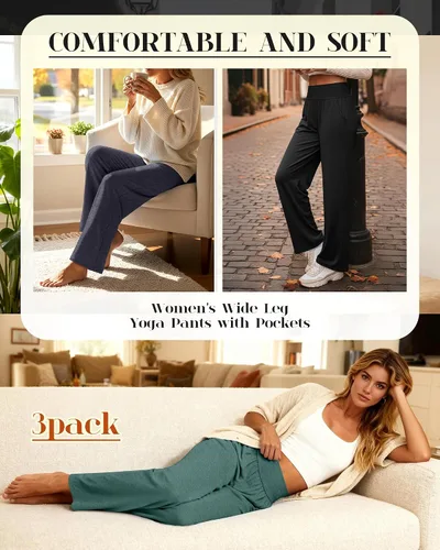 Miniatura 9 de Neer - Conjunto de 3 pantalones de yoga de pierna ancha para mujer - Pantalones deportivos cómodos, holgados, de cintura alta y casuales