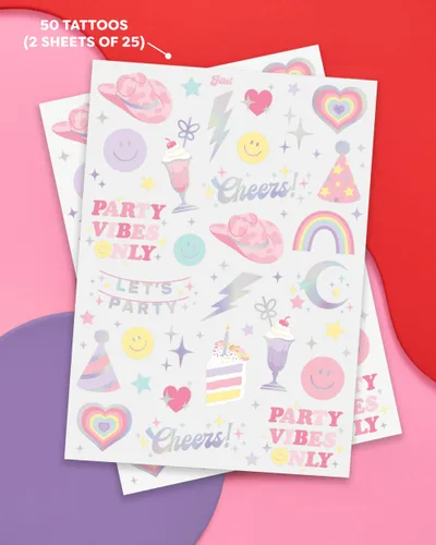 Miniatura 2 de xo, Fetti Tatuajes temporales de arcoíris pastel - 50 estilos de papel de aluminio iridiscente Suministros de fiesta de cumpleaños preparados