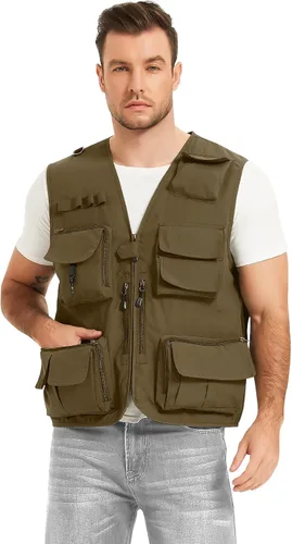 Miniatura 8 de Flygo Chaleco de carga para hombre, casual, ligero, al aire libre, pesca, trabajo, safari, viajes, fotos, con múltiples bolsillos