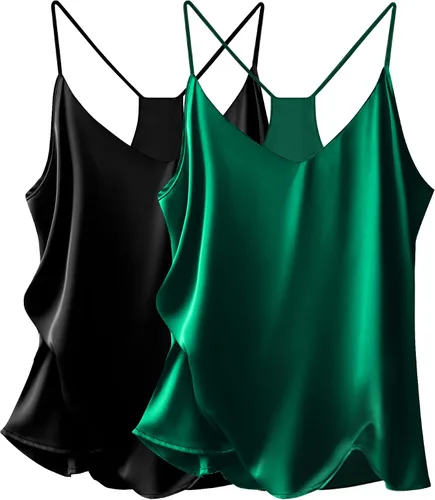 Ekouaer Camisetas de satén para mujer, paquete de 2 camisetas de seda con cuello en V, tirantes delgados, espalda cruzada, camiseta tipo camisola