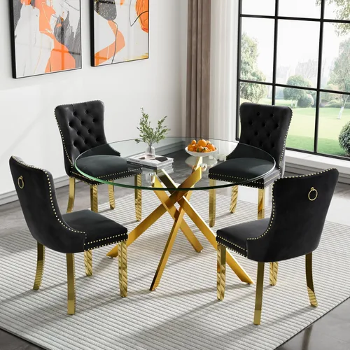 Miniatura 28 de Juego de 4 mesas de comedor de cristal para 4, juego de 4 mesas y sillas de cocina modernas, juego de mesa de comedor de cocina de 5 piezas con mesa