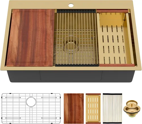 Miniatura 28 de Logmey Fregadero de cocina negro 33x22 empotrable, estación de trabajo de fregadero de cocina, SUS304 calibre 16 acero inoxidable, tazón individual