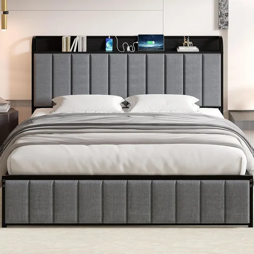 VECELO Marco de Cama Queen, Cabecera Tapizada con Almacenamiento y Estación de Carga, Marco de Cama de Plataforma, Listones de Metal Resistente, No