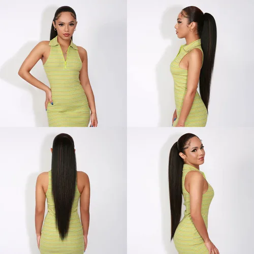 Miniatura 2 de GLAM21USA Extensión de cola de caballo recta de 28 pulgadas de largo con cordón para mujeres negras, extensión de cabello natural con clip, pieza