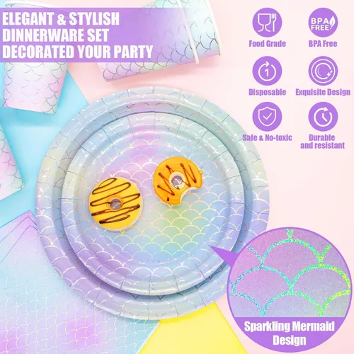 Miniatura 3 de Decoraciones de cumpleaños de sirena: 242 piezas de suministros para fiesta de Girs y juego de vajilla desechable (25 invitados), incluye platos