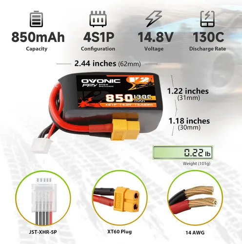 Miniatura 2 de OVONIC 130C 4S 850mah Lipo Batería 14.8V Pack con XT60 Plug para FPV Racing
