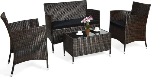 COSTWAY Juego de 4 muebles de ratán para patio, sillas de mimbre para exteriores con mesa auxiliar, juego de conversación acolchado de ratán para
