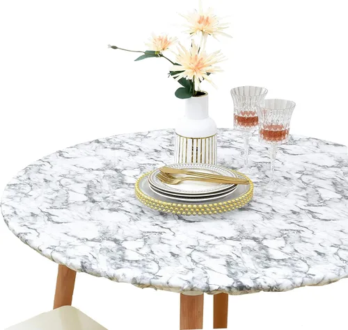 Rally Home Goods Mantel redondo de vinilo ajustable para interiores y exteriores, respaldo de franela, borde elástico, cubierta de plástico Mármol