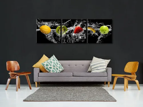 Miniatura 2 de Pyradecor Arte de paisaje moderno y grande de frutas bailarinas, 3 piezas, lienzo giclée envuelto en galería, cuadros negros sobre lienzo, arte