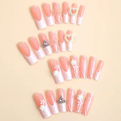 Miniatura 2 de LPOODDNU 24 uñas postizas largas cuadradas a presión, uñas postizas francesas, uñas acrílicas de color rosa brillante, cobertura completa, perlas