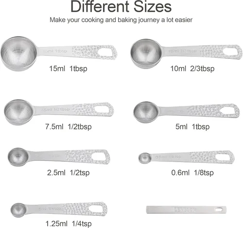 Miniatura 4 de Juego de 14 tazas y cucharas medidoras de acero inoxidable 18/8 para hornear y cocina, medida métrica y estadounidense, 6 tazas y 7 cucharas con B